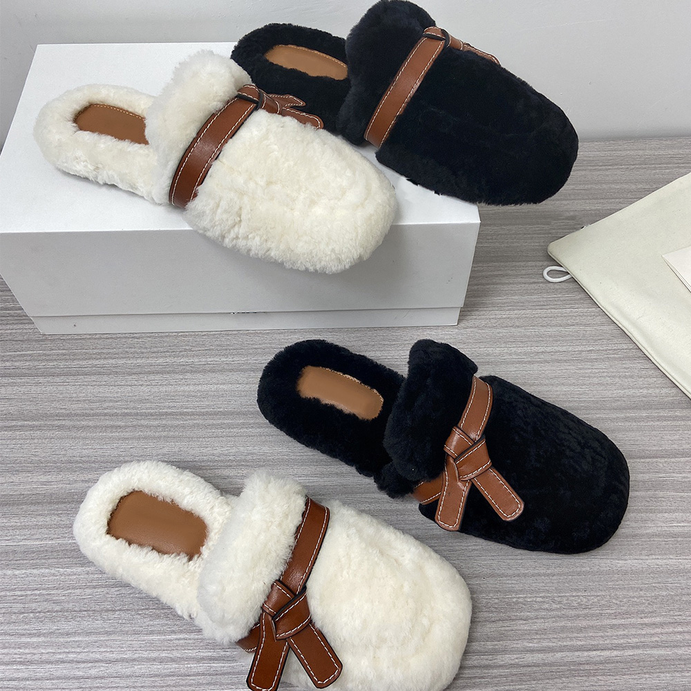 Autumn and winter bow knot mules slippers sandals unique knotted design saddle bag design perfect combination famous brand designer plush slipper