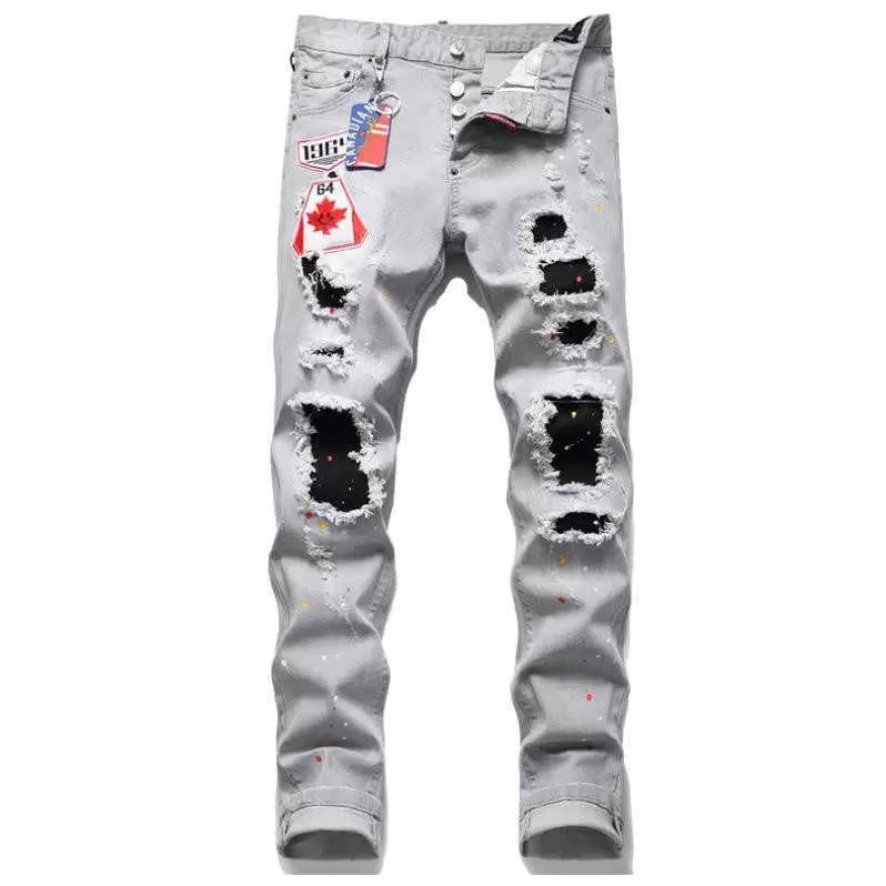 2022 Fashion Jean For Men Jeans Mens Pants Slim Fit Washed Motocycle Denim Panelled Trousers Christmas Plus gfr street trend Zipper chain decoration