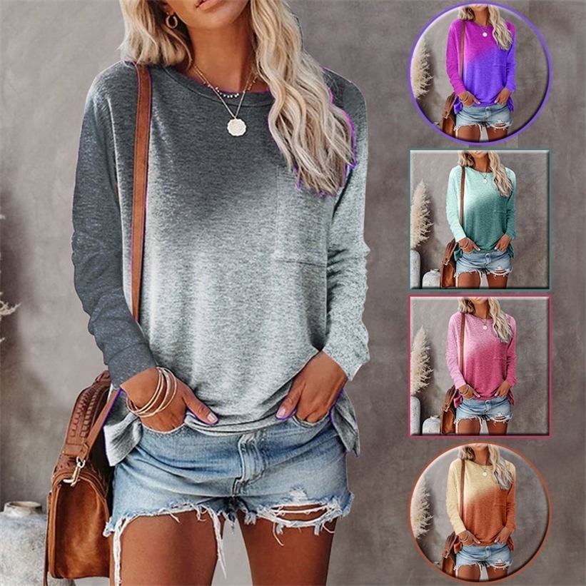

Patchwork Contrast Color Pocket Oversized T-shirt Female Clothing Vintage Casual Autumn Top Long Sleeve T-shirts 220322, Grey