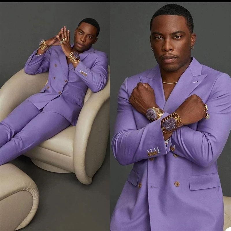 Costumes pour hommes Blazers Hommes Costume 2 Pièces Blazer Pantalon Violet Messieurs Double Boutonnage Vêtements De Travail Imprimé Mariage Affa