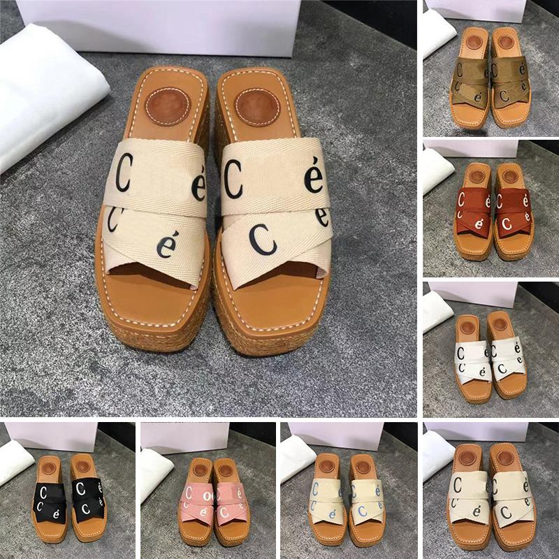 

Women Designer Sandals Woody Espadrille Platform Wedge Mules Canvas Slides Slipper Thong Slingback Square Toe, Box