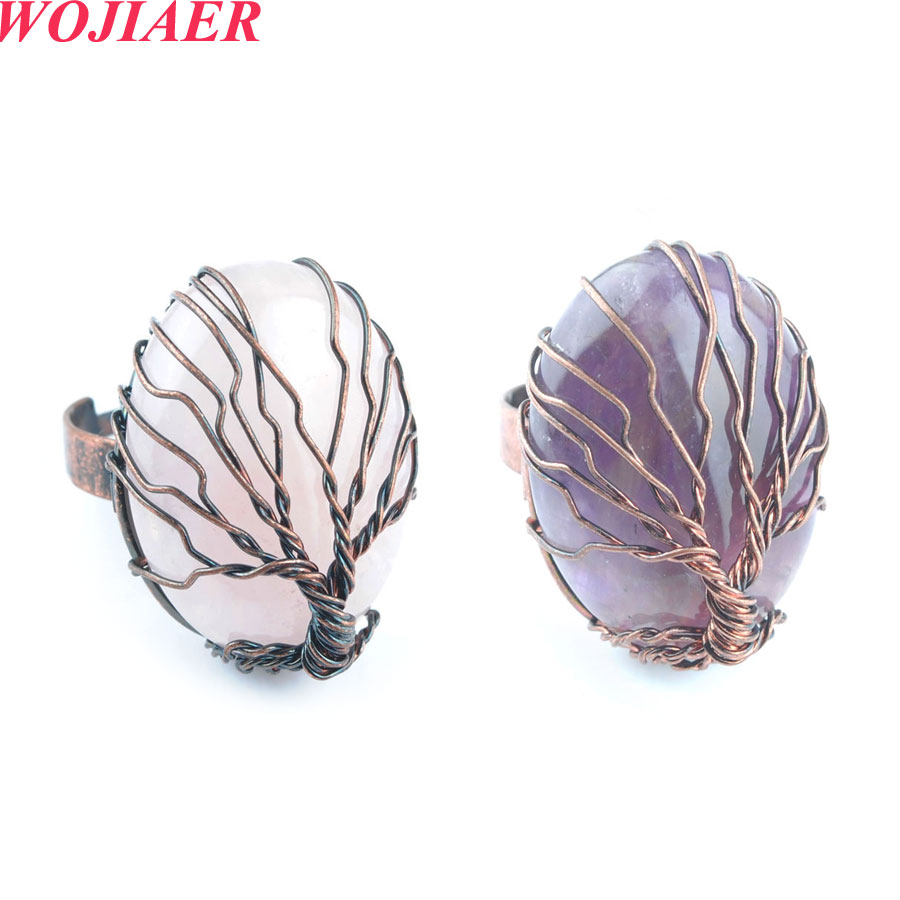 

WOJIAER Antique Rings for Women Natural Stone Egg Shape Bead Vintage Wire Wrapped Tree of Life Adjustable Ring BO913