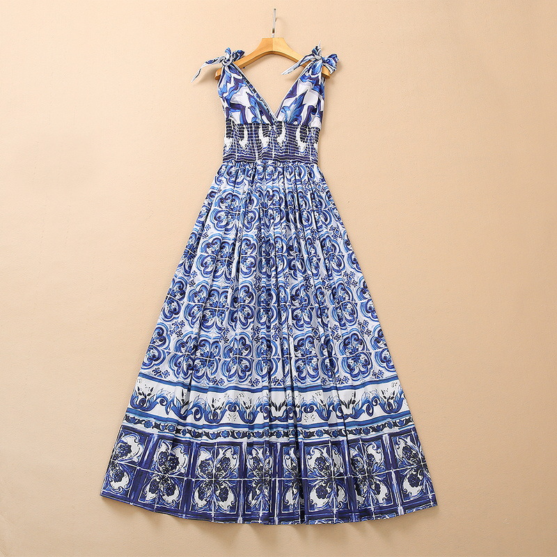 2022 Été Fall Sans manches Deep V V cou cou Bleu Paisley Print Élastique Long Robe maxi Robes décontractées élégantes 22q192315
