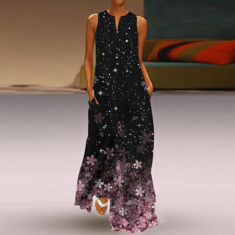 

Party Dresses Summer Elegant Oversized Planet Floral Maxi Dress Women 2022 Ladies Sleeveless Sundress Boho Beach Loose Long, Black