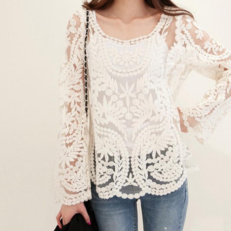 

Women's Blouses & Shirts Ladies Handmade Crochet Summer Beach Lace Shirt Long Sleeve Women Bohemian Blouse Pullover, Beige