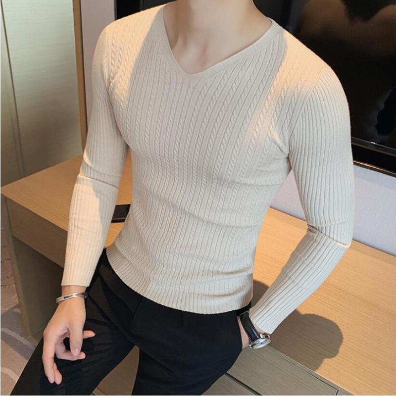 

Men's Sweaters Winter Men Korean Fashion Streetwear V-Neck Solid Color Cashmere Sweater Woolen Slim Trends S-3XLMen's, Black
