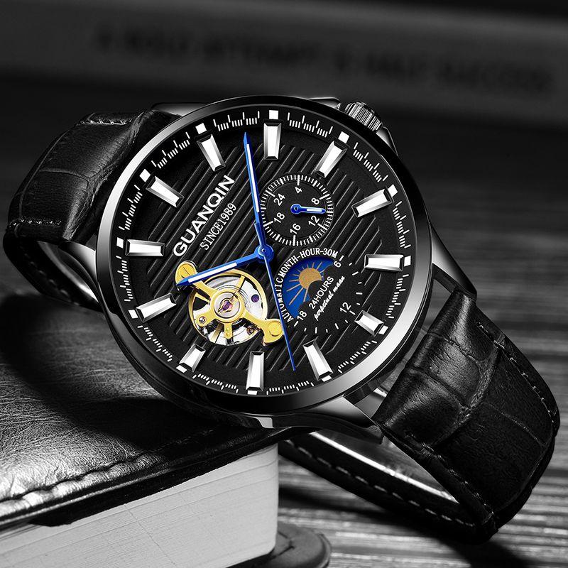 

GUANQIN men watch Luminous clock men Automatic waterproof Mechanical leather dropshpping skeleton luxury erkek kol saati, Color 5