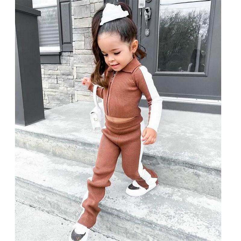 

Clothing Sets 2Pcs Kids Clothes Girls Ribbed Knit Color Block Long Sleeve Lapel Zipper Jacket Tops Pants Casual Baby Outfits 0-5YClothing, Auburn