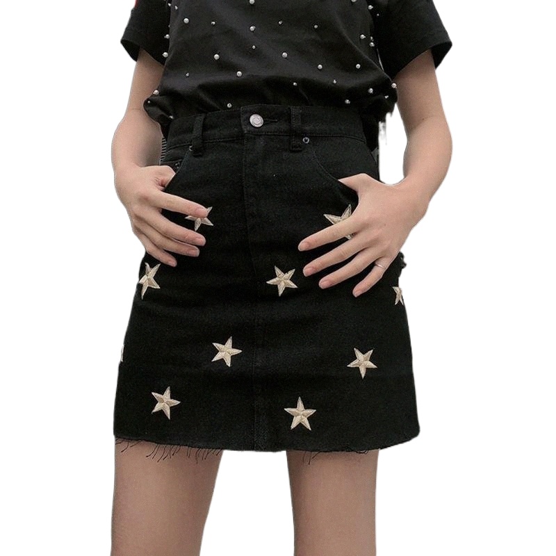 skirts 1.5 2022 Spring Summer Fashion Tide Tassels Star Embroidery Denim Skirt High Waist A-line n7ap#-image-790081001