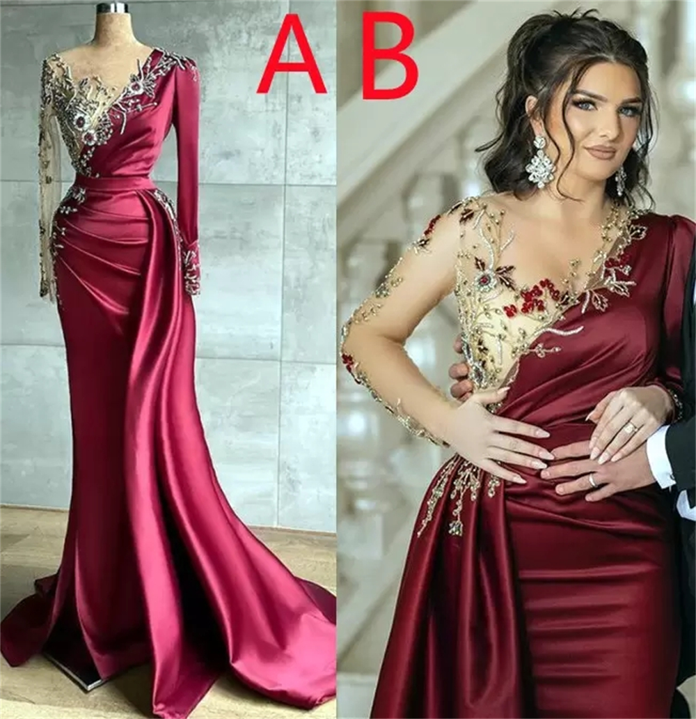 

Arabic Aso Ebi Burgundy Luxurious Mermaid Evening Dresses Beaded Crystals Sheer Neck Prom Formal Party, White