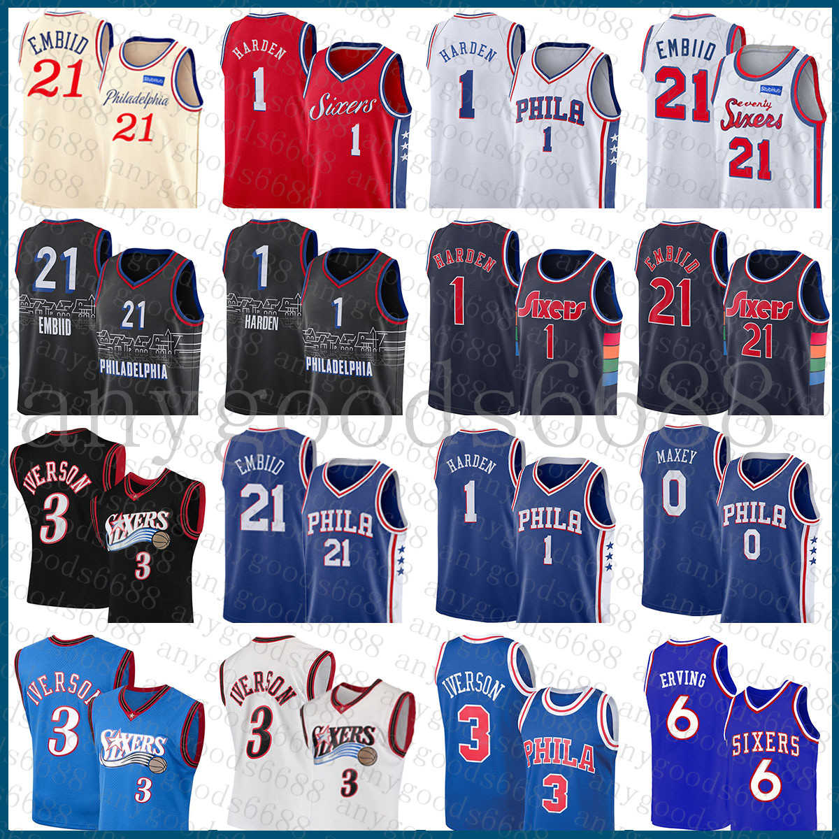 

Philadelphia''76ers''Men 3 6 Tyrese Maxey James Harden Joel Embiid Basketball Jersey 0 1 21 Allen Iverson Julius Erving 002