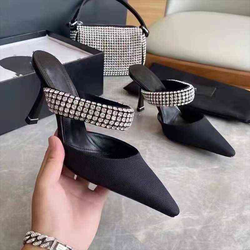

Sandals Women Shoes Pumps Fashion Pointed Wedding Party High Heels Luxury Rhinestone Belt Thin Heeled Sandals Beach Slippers 220406, Silk face