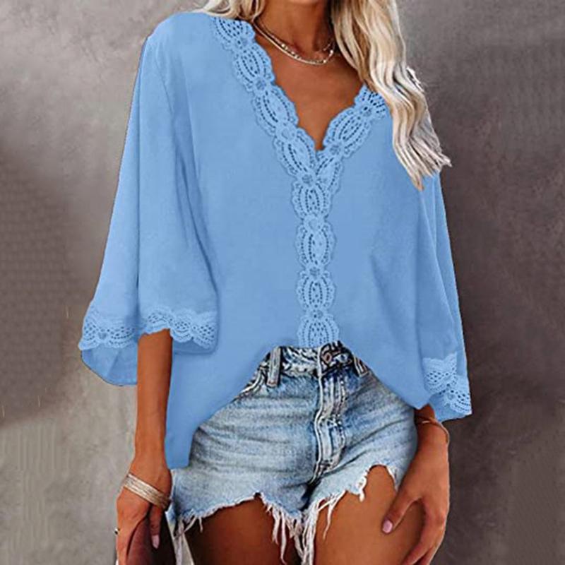 Chemisiers pour femmes Chemises Plus Size Femmes Blouse Été Casual Dentelle Manches Trois-Quarts Tee Mode Coton Col En V Tops Femme Pull Blou