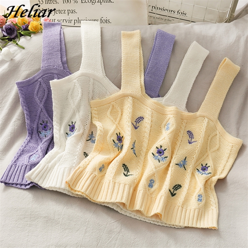 

HELIAR Women Flower Embroidery Knitted Crop Tops Casual Tube Ribbed Cute Summer 220607, White