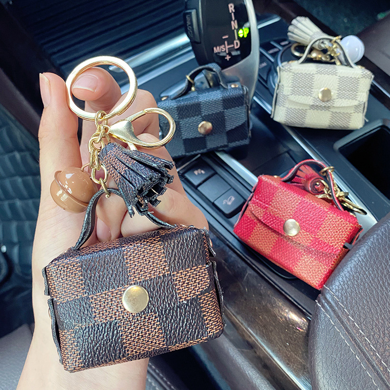

Brown Plaid Keychains Rings PU Leather Tassel Wireless Bluetooth Headphone Case Car Keyrings Cute Cion Bag Pendant Charms Fashion Jewelry