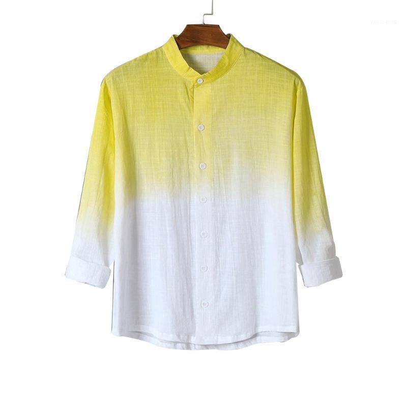 

Men's Casual Shirts Fashion Gradient Printed Cardigan Cotton And Linen Slim Short-sleeve Half Pocket Male Tops, Army green