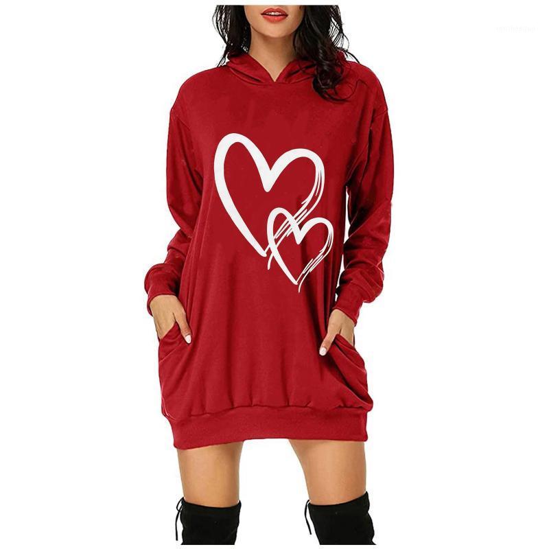 

Casual Dresses 2022 Autumn Winter Fashion Women Valentine' Day Heart Letter Print Jurk Hooded Pockets Loose Sweatshirt Mini Dress, Green
