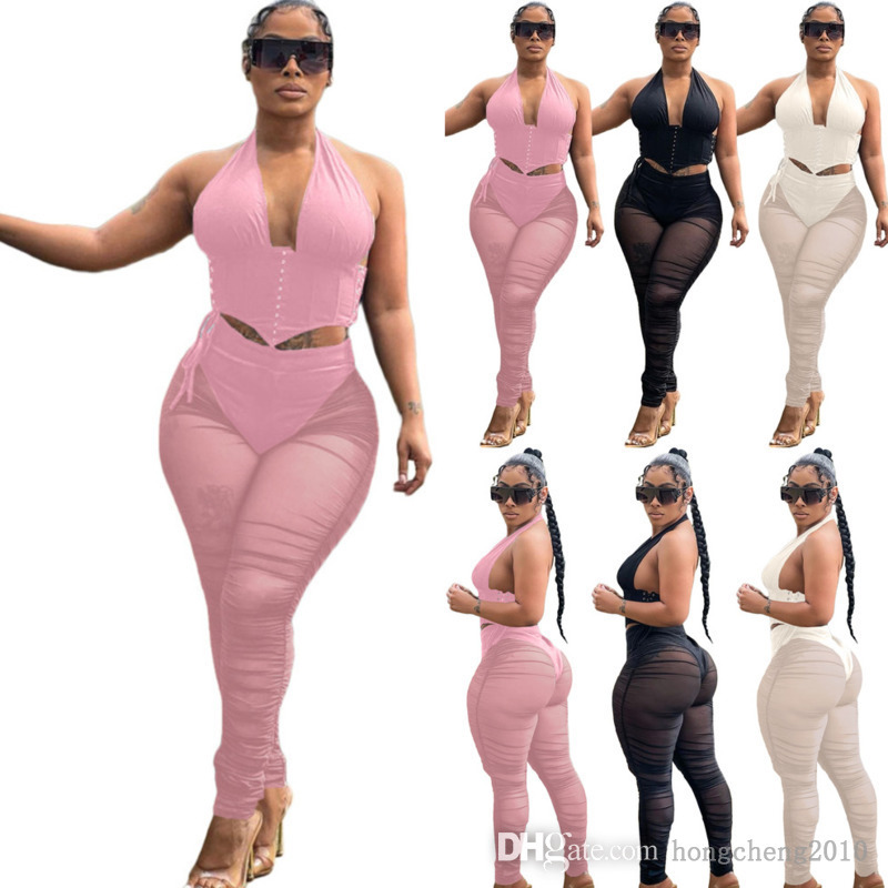 

Summer Women Two Piece Pants Sets 2022 Designer Clothing Sexy Backless Tank Tops Sheer Mesh Leggings Outfits Fashion Sweatsuits, Black