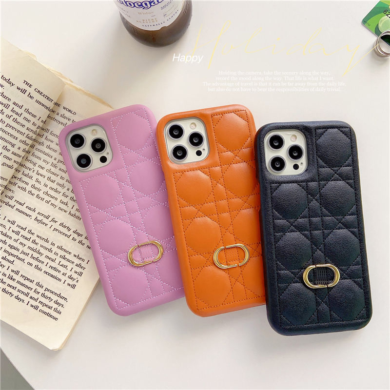

Leather Stylish Phone Case Leather Plaid Stitch Luxury Designer Phones Cases Classic Mens Womens iPhone 13 11 12 pro 7 8 X XS High Quality, Orange