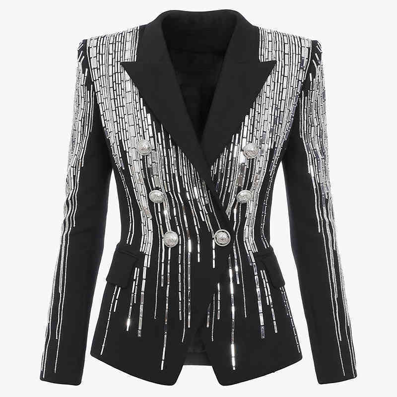 

HIGH STREET est Fashion Designer Jacket Womens Double Breasted Luxurious Stunning Silver Metal Buttons Beaded Blazer 210521, Beige