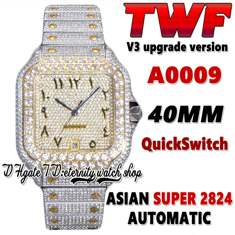 

2022 TWF V3 SA0029 Paved Diamonds ETA A2824 Automatic Mens Watch Fully Iced Out Diamond Arabic Gold Dial Quick Switch Steel Bracelet Super Edition eternity Watches, Watch waterproof production cost