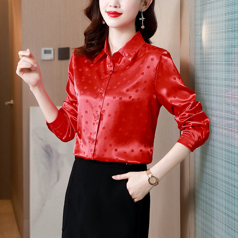 

Women Designer Red Silk Shirts Long Sleeve Casual Jacquard Blouses Lady Office Classic Button Down Shirt Spring Autumn Luxury Woman Tops and Formal Lapel Blouse, 12