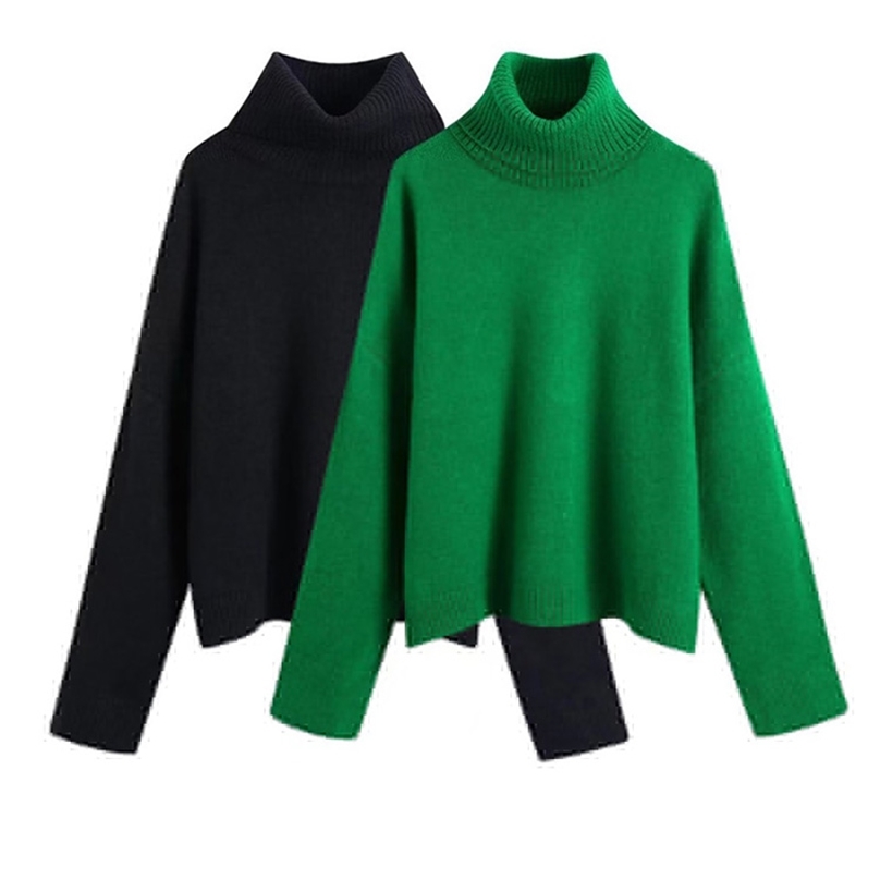 

TRAF Women Fashion With Ribbed Trim Loose Knit Sweater Vintage High Neck Long Sleeve Female Pullovers Chic Tops 220813, As picture