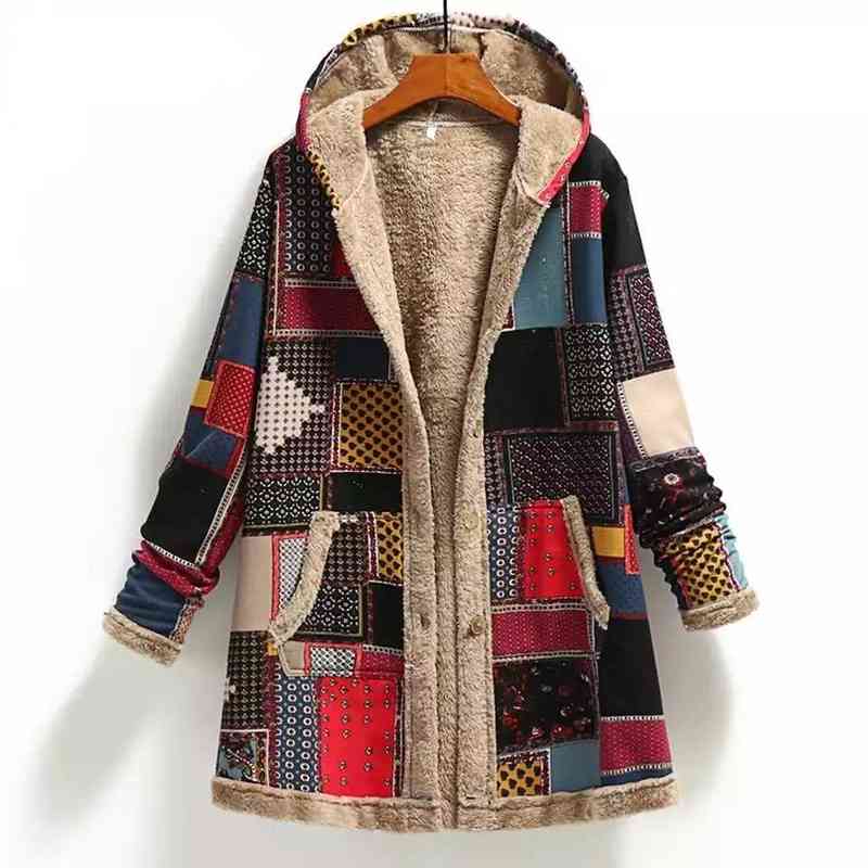 

Women's Plus Size Outerwear Coats Winter fa warm coat print thick fece hooded long jacket with pocket ladies loose outwear coat, Packing bag