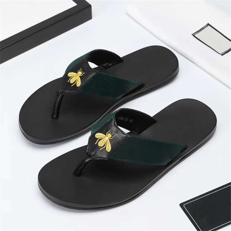 

2021 Fashion Black Soft Leather Sandals Mules Bees Summers Slide Slippery Flat Chain Sandals Wide T-bar Casual Beach Slip Sandals With Box