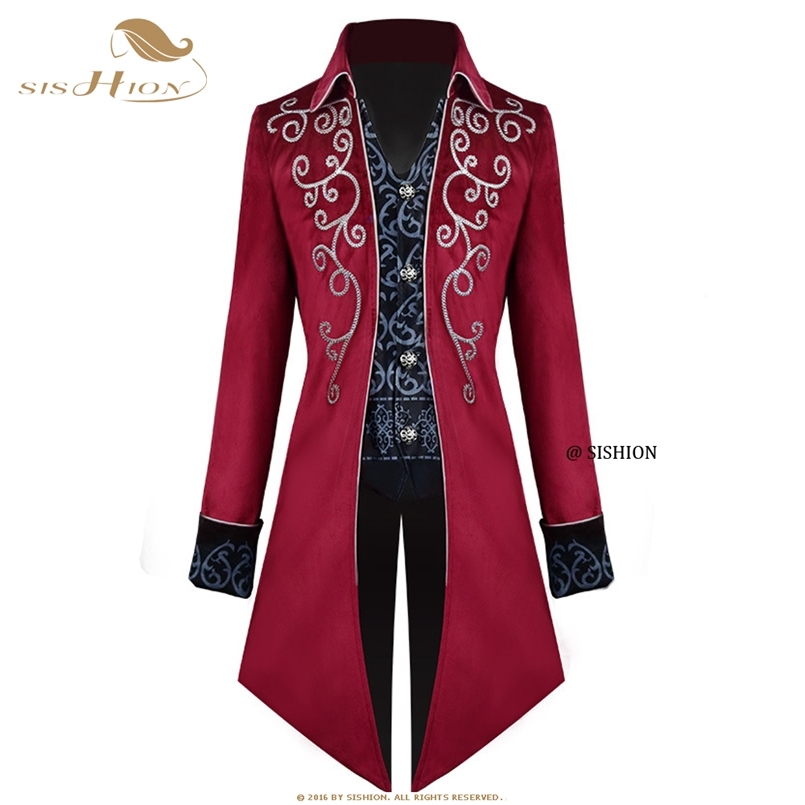 

SISHION Men Medieval Victorian Costume Tuxedo Gentlema Tailcoat Gothic Steampunk Trench VD1735 Vintage Frock Outfit Coat for 220727, Red