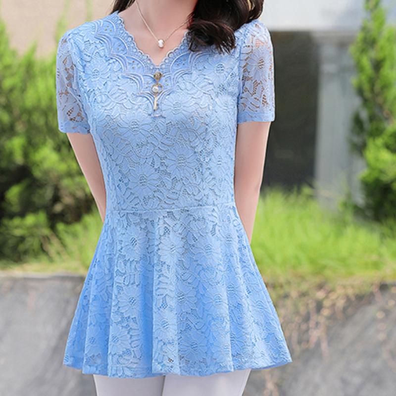 

Women's Blouses & Shirts Spring Summer Large Women's Wear Medium Long Short Sleeved Lace Waist Closed Foreign Bottomed Shirt Thin Chiffo, Blue