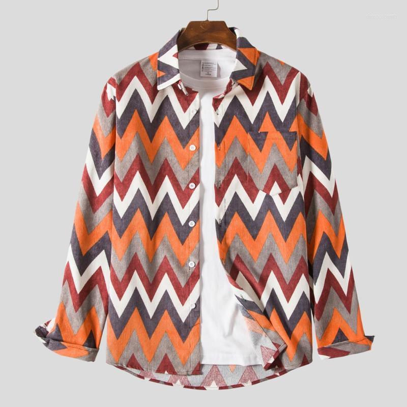 

Striped Button Up Shirt Men Splicing Corduroy Dress Leisure Long-sleeved Top Blouse Streetwear Chemise Homme, Multi color