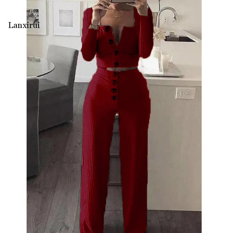 

Women' Tracksuits Women Two Piece Outfits Long Sleeve Button Shirts High Waist Wide Leg Pant Fashion Suits For Woman Slim Female Fall Cloth, White