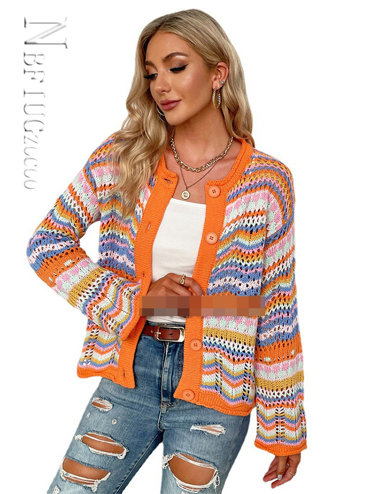 

Elegant Rainbow Colored Long Sleeve Knit Cardigan Women Autumn Hollow Out Oversized Sweater Female Fashion Outerwear 2022
