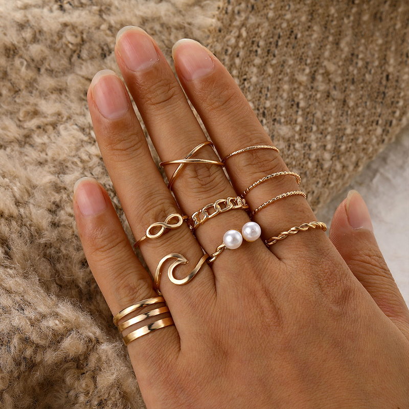 

Boho Gold Silver Color Pearl Rings Set For Women Fashion Geometric Twist Hollow Open Ring Joint Finger Charm Jewelry 220716