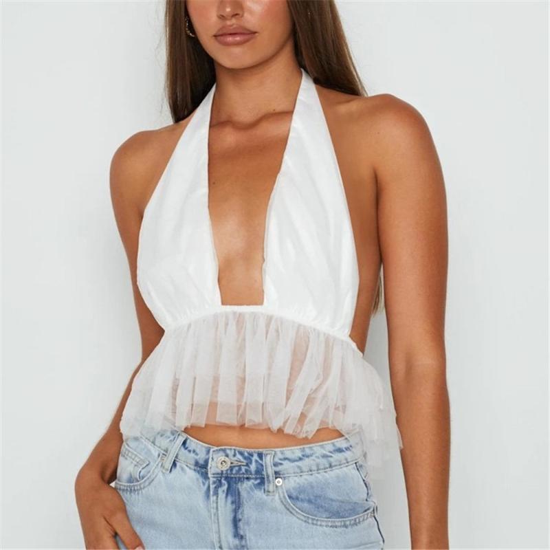 

Women's Tanks & Camis Women Casual Ruffle Halter Vest 2022 Sexy Summer Deep V Neck Solid Color Mesh Yarn Tie-up Backless Exposed Navel Camis