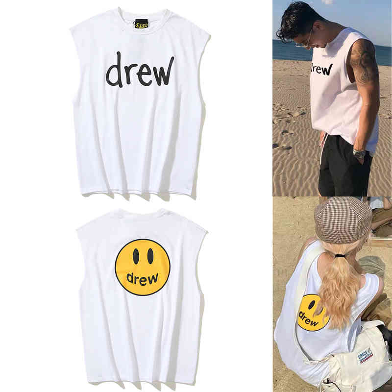 

Unisex Smiley Face Letter Print Summer High Street Sweat Vest Beach less T-shirt Sleeve Streetwear Women Clothes Loose