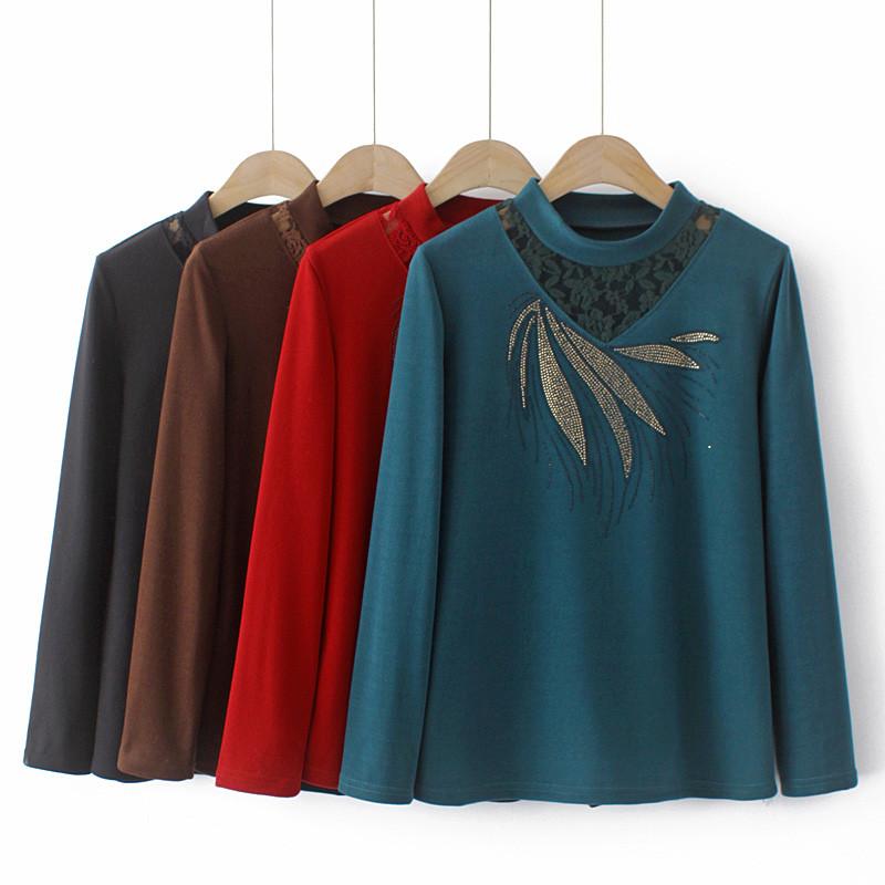 

Women's Plus Size T-Shirt Long Sleeve For Women In Spring Autumn Stand-Up Collar Diamonds And Lace Decoration Large Worn InsideWomen's, Black