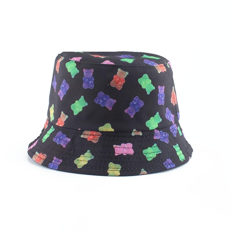 

Berets Summer Fisherman Hat Reversible Cartoon Bucket Hats For Women Men Street Hip Hop Cap Vintage Bear Printed Fishing HatBerets, Black