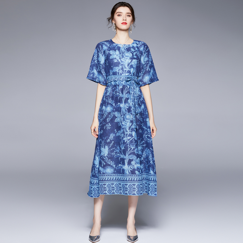 

2022 Floral Party Long Blue Dress Short Sleeve Woman Designer Vintage Print Round Neck Holiday Slim A-Line Prom Boho Dresses Runway Women Bow Lace Up Summer Maxi Frock