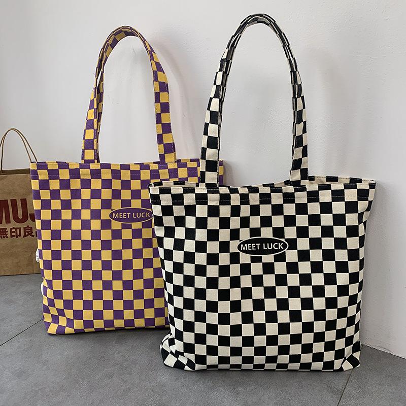 

Evening Bags Plaid Shopping Bag For Women Zipper Canvas Shoulder Large Capacity Student Girls Tote Checkerboard Female Shopper Handbags, Black