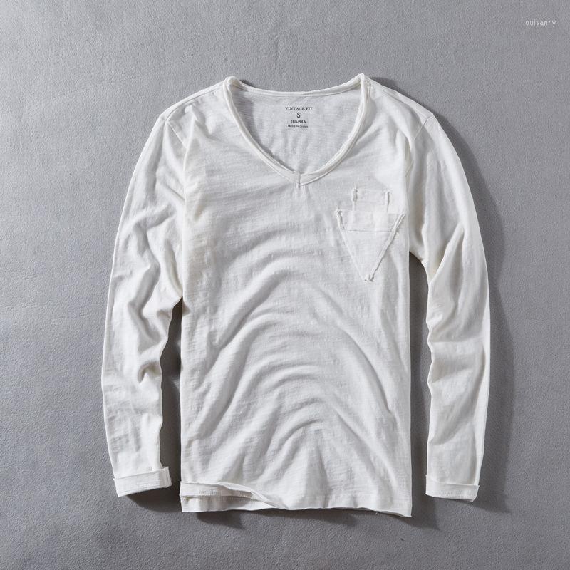 

Men' T-Shirts Bamboo Cotton Long Sleeve V-Neck Men' T-Shirt Soft Slub Vintage Tshirts Distressed Frayed Edges Tops TeeMen' Loui22, White