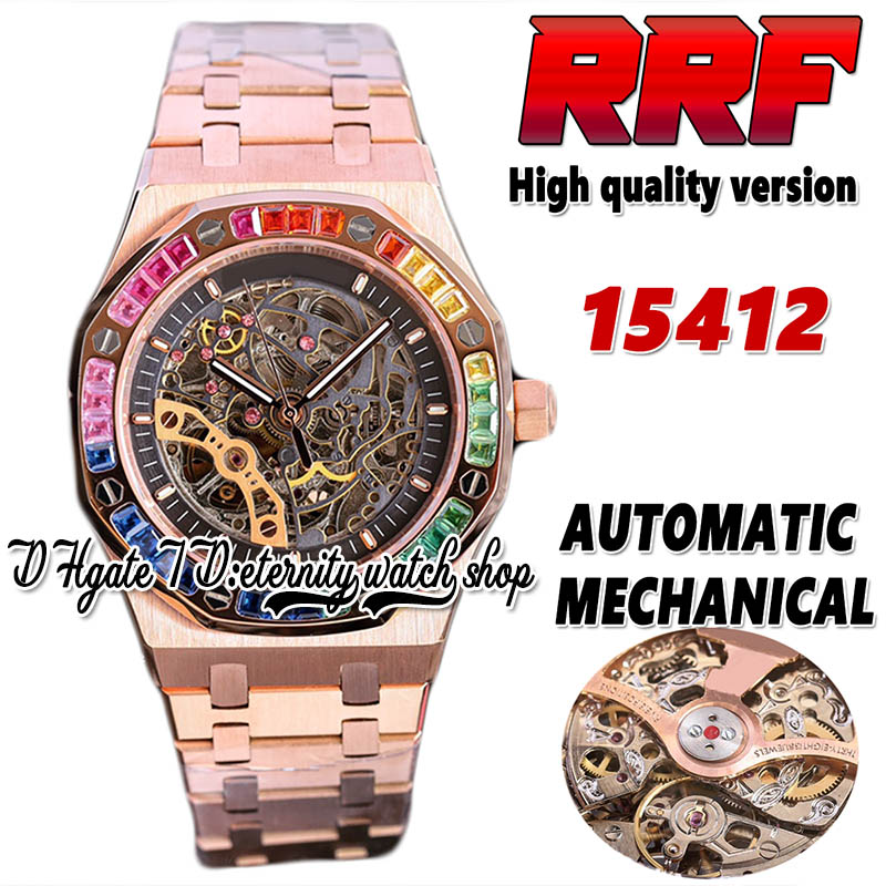 

RRF jc15412 Automatic Mechanical Mens Watch Rainbow T Diamond Bezel Skeleton Black Dial Double Balance 316L Stainless Steel Rose Gold Bracelet eternity Watches, Watch waterproof production cost