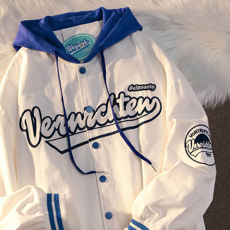 

Retro embroidered letter jacket fake two-piece hooded baseball uniform men and women spring couple jackets student, Sky blue