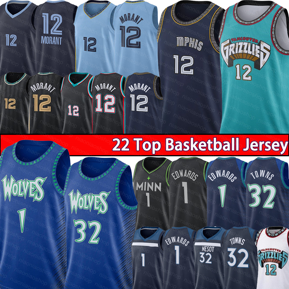

Ja 12 Morant Anthony 1 Edwards Basketball Jersey Karl-Anthony 32 Towns Memphises men grizzlies''Jerseys City Kevin 21 Garnett timberwolves''shirt Black White, With logo jersey
