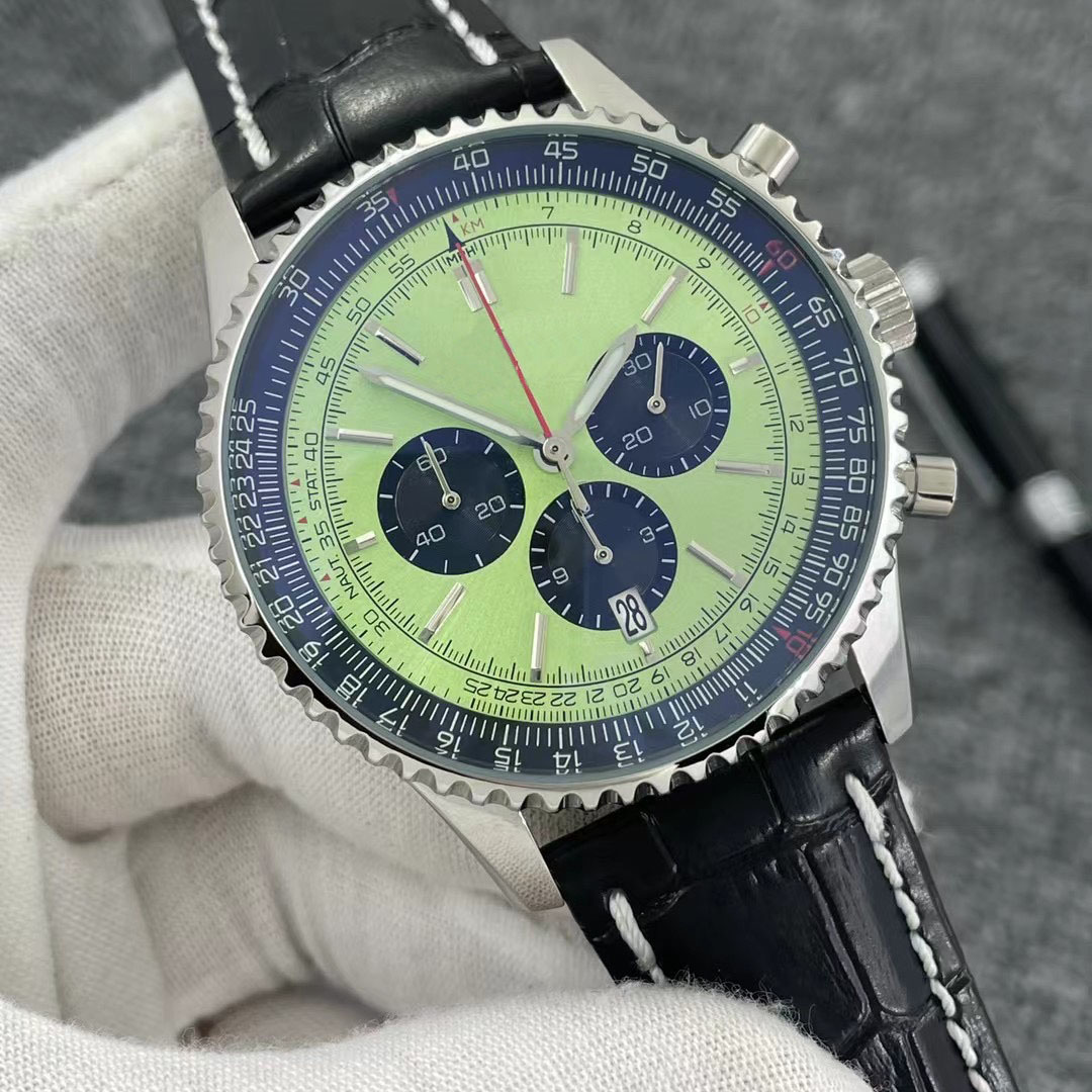 

B01 46MM Quality Navitimer Watch Chronograph Quartz Movement Steel Mint Green Black Dial 50TH ANNIVERSARY Men Watch Leather Strap Mens Wristwatches