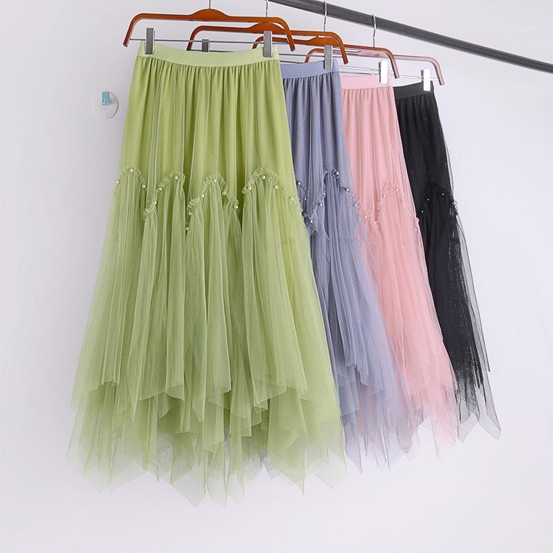 

Skirts 528 Autumn And Winter Korean High Waist Slim Medium Length Women's Skirt With Irregular Mesh Stitching Beads, See chart