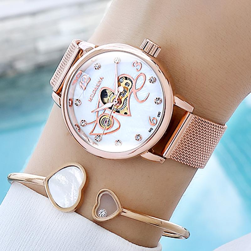 

Wristwatches Skeleton Watch Women Automatic Mechanical Watches Female Wrist Clock Rose Gold Montre Femme Zegatek Damski 2022Wristwatches, Red