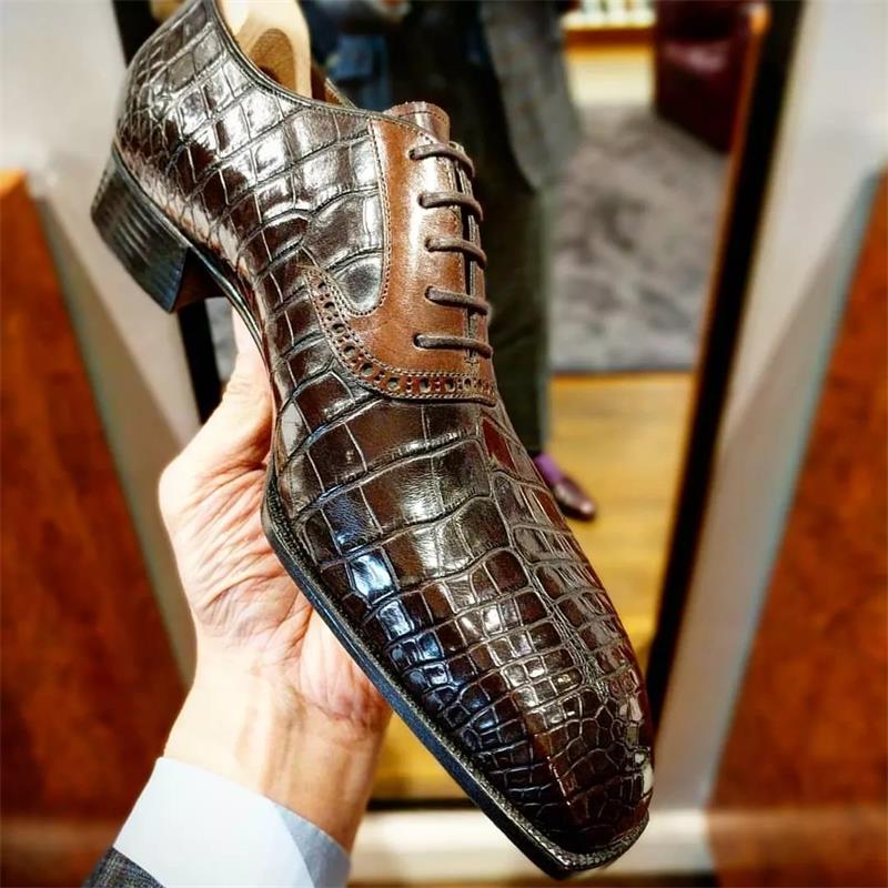 

Men Oxford Shoes PU Color-blocking Classic Business Casual Banquet Daily Retro Crocodile Pattern Lace-up Dress Shoes CP051, Clear