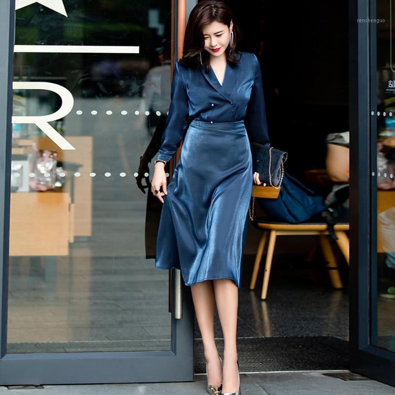 

Skirts Professional Suit Women' 2022 Spring Korean Fashion Fresh Foreign Style Acetic Acid Texture Light Luxury Shirt Skirt Two Pi, Royal blue